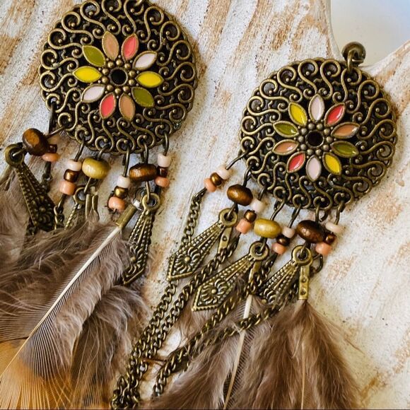 Boho Dreamcatcher Feather Drop Earrings NWT - Picture 3 of 7